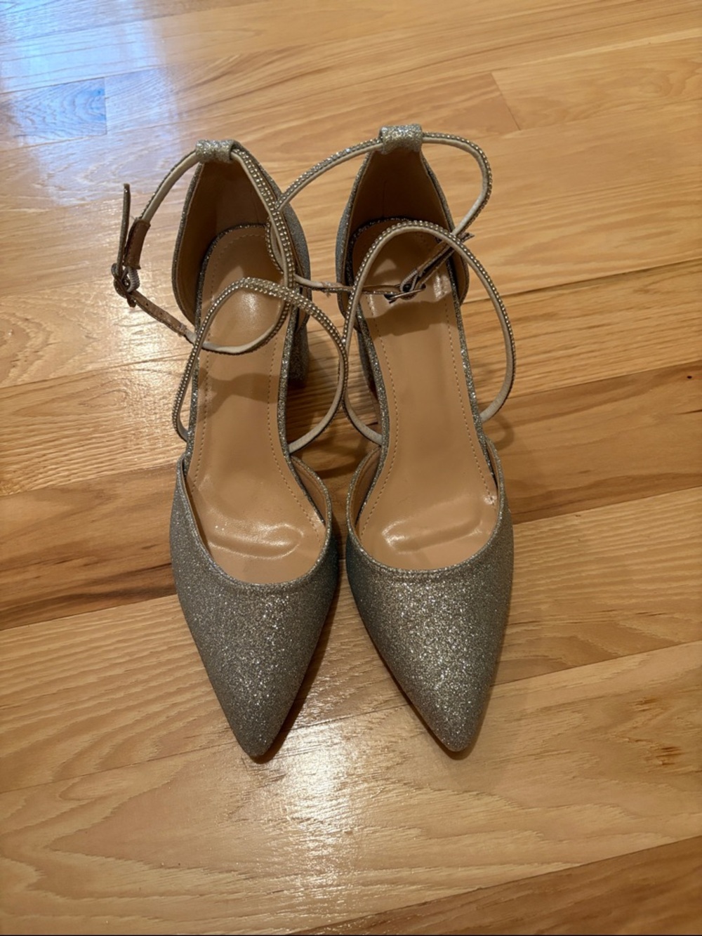 Women's Glitter Pointed Ankle-Strap Pumps - Silver NWOT